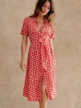 Sezane Adele Dress in Red Cara / Floral Midi Dress FR 38/US 6